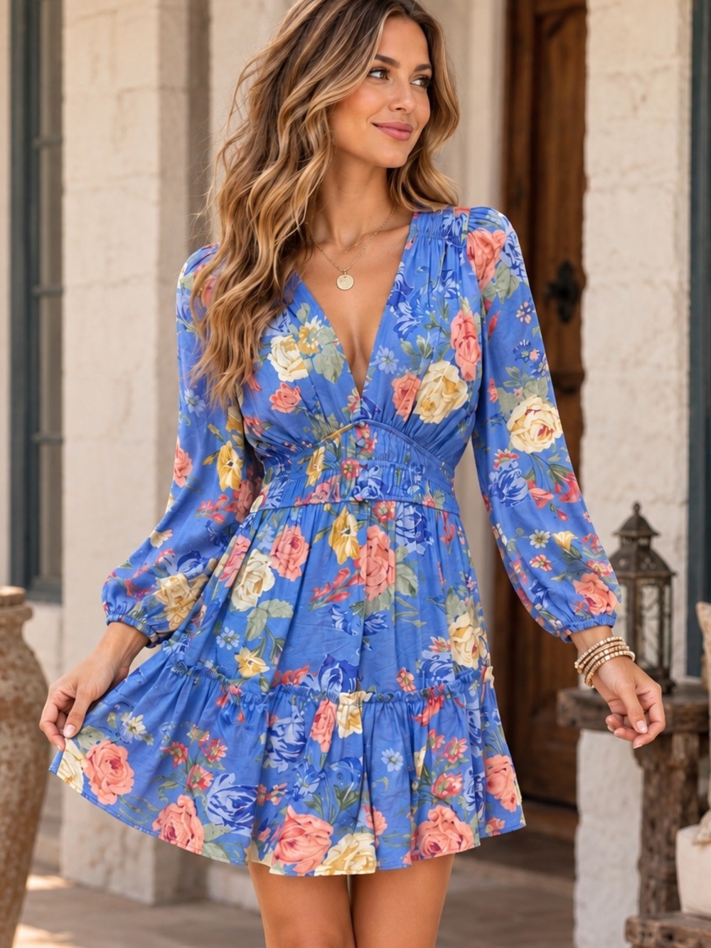Yumi Kim Blue Floral Long-Sleeve V-Neck Tiered Dress boho Cottagecore